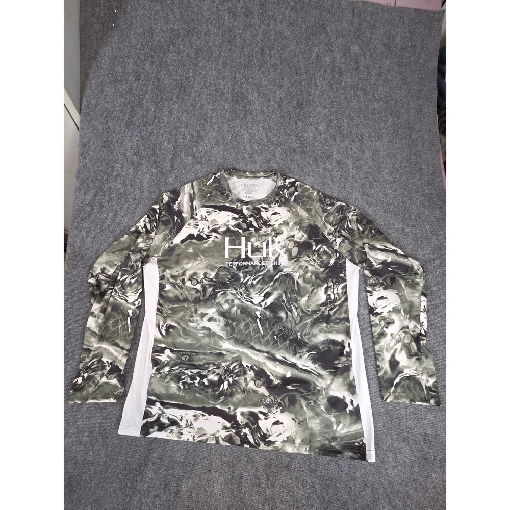 Huk Mens Mossy Oak Hydro Performance Fishing Long Sleeve Shirt XXL Camo Green